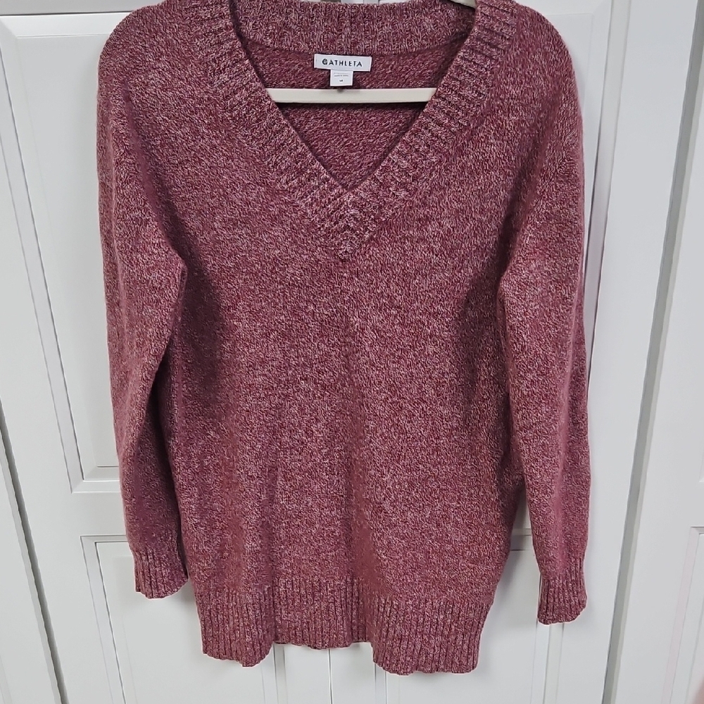 Athleta Wool Cashmere Tunic Sweater Medium Pink V Neck Cozy Luxe